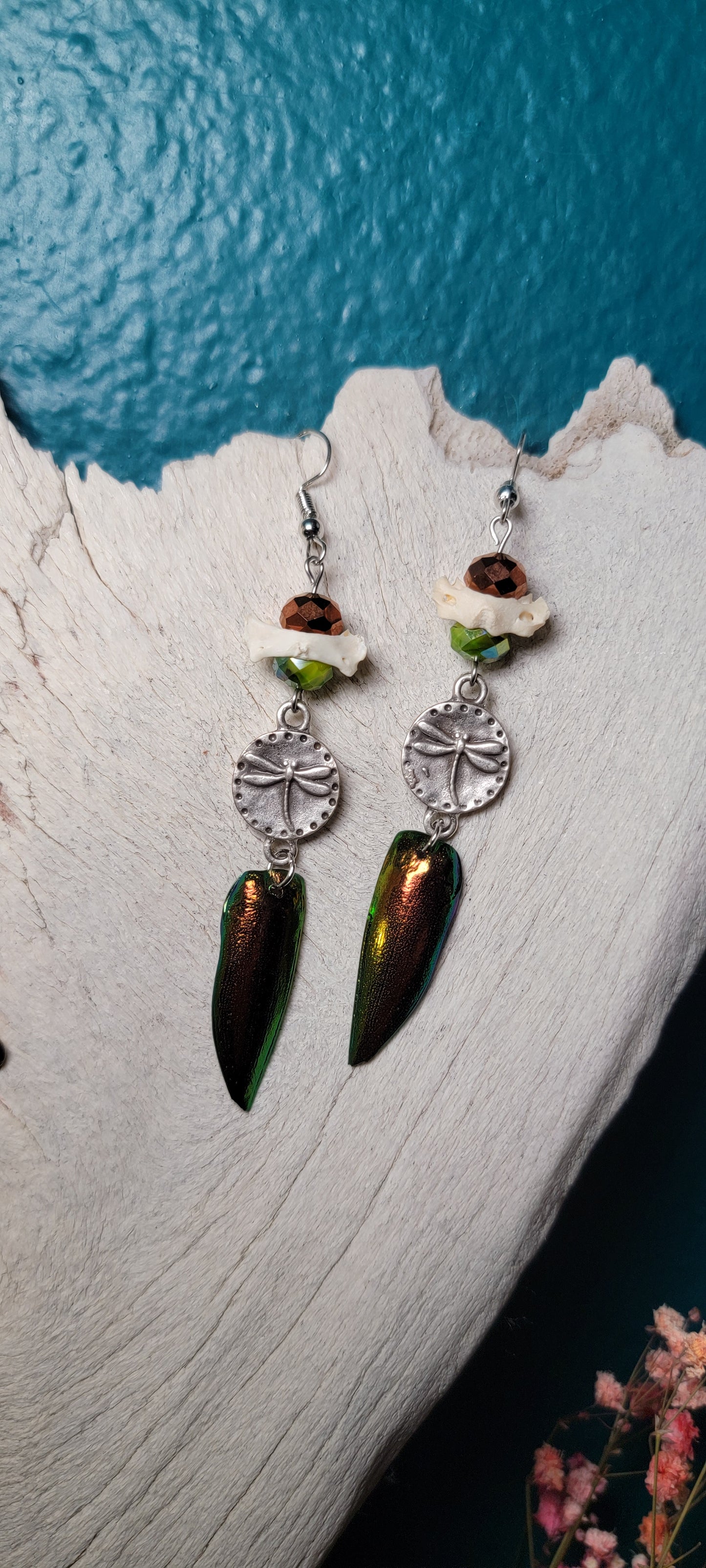 Earrings - Beetle Wings with Rabbit Atlas and Dragonfly Charm