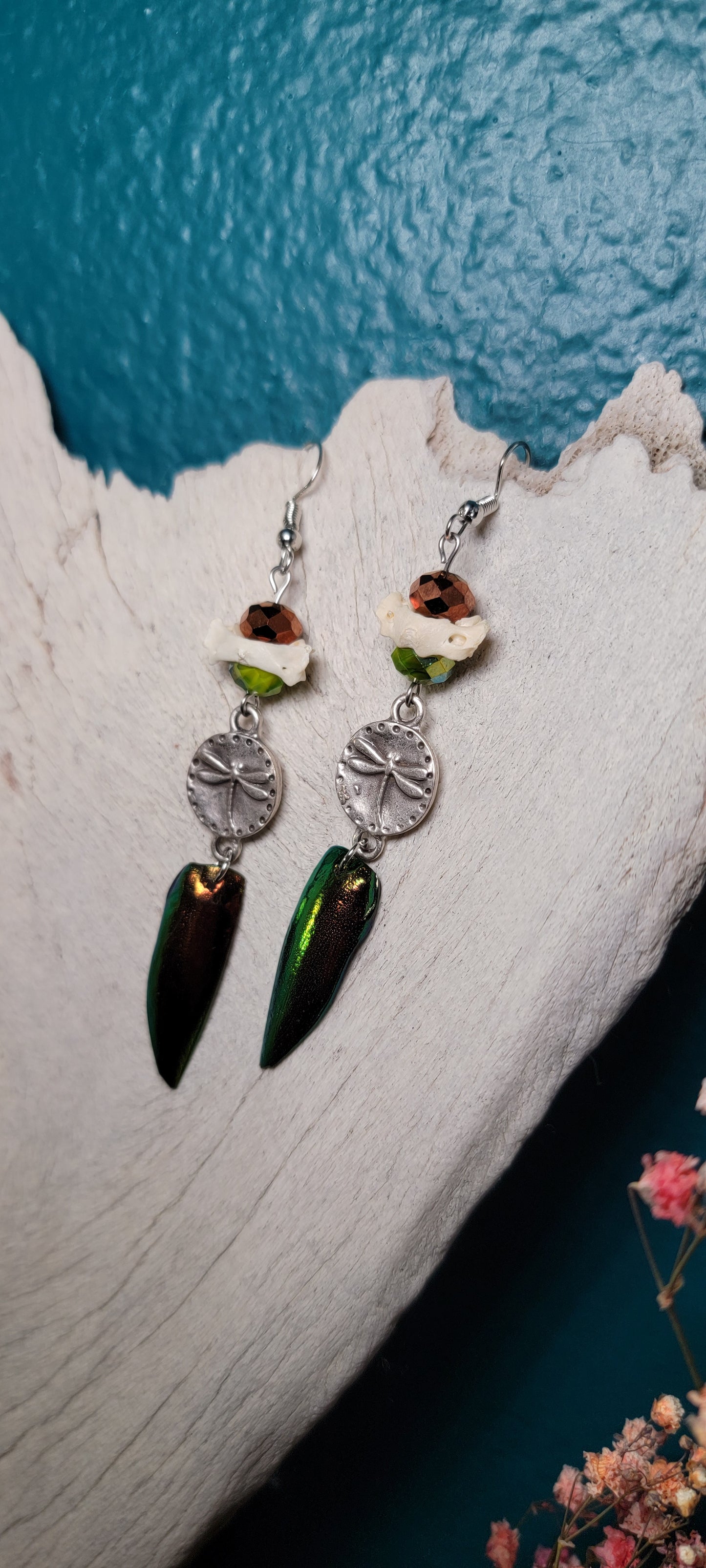 Earrings - Beetle Wings with Rabbit Atlas and Dragonfly Charm