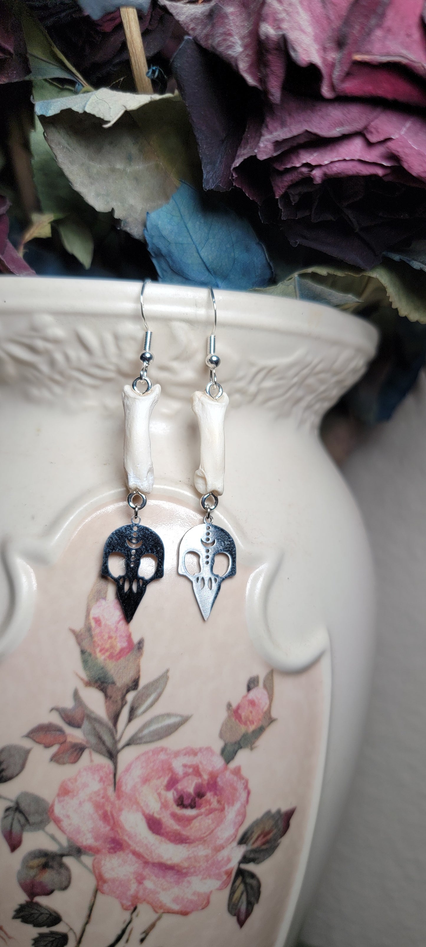 Earrings - Bobcat Toe Bone with Bird Skull Charm