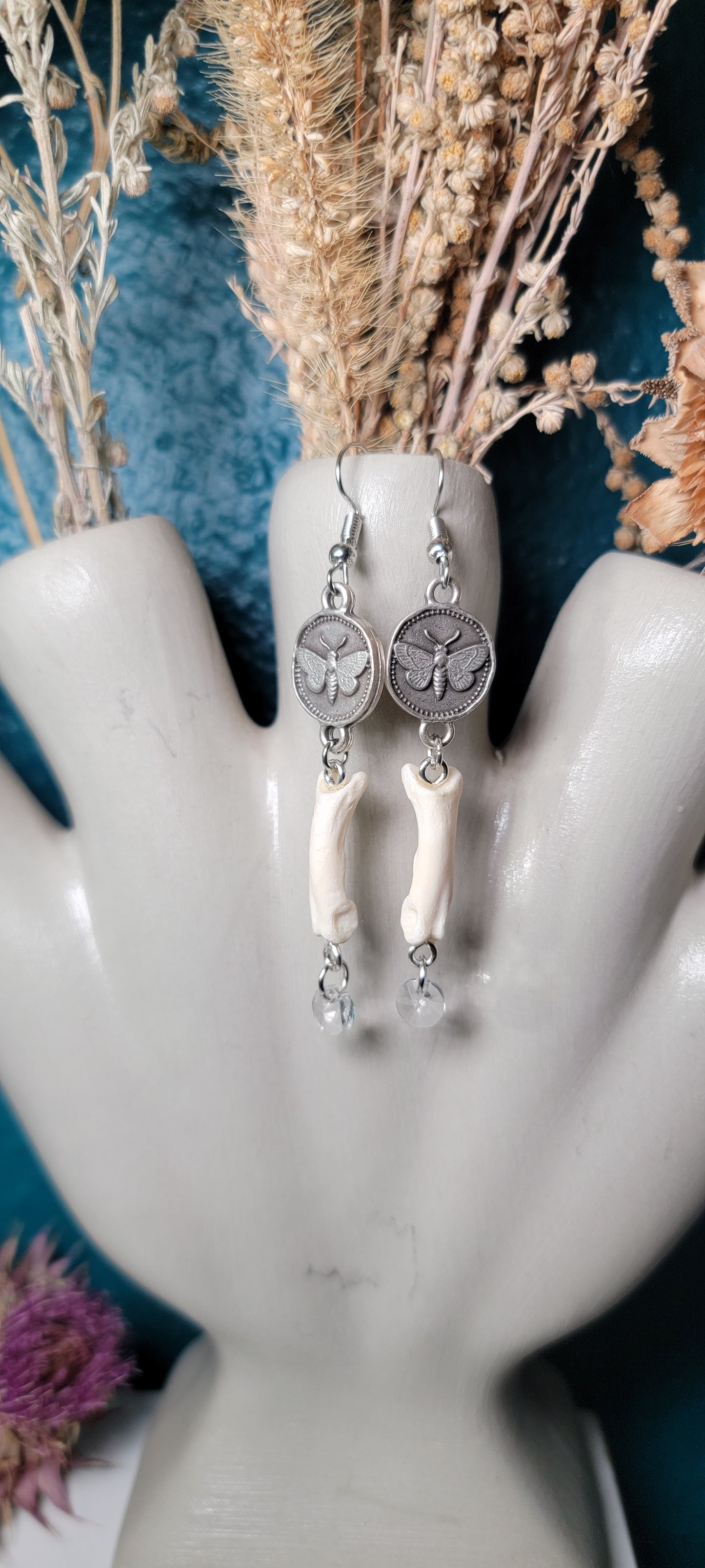Earrings - Bobcat Toe Bone with Moth Charm