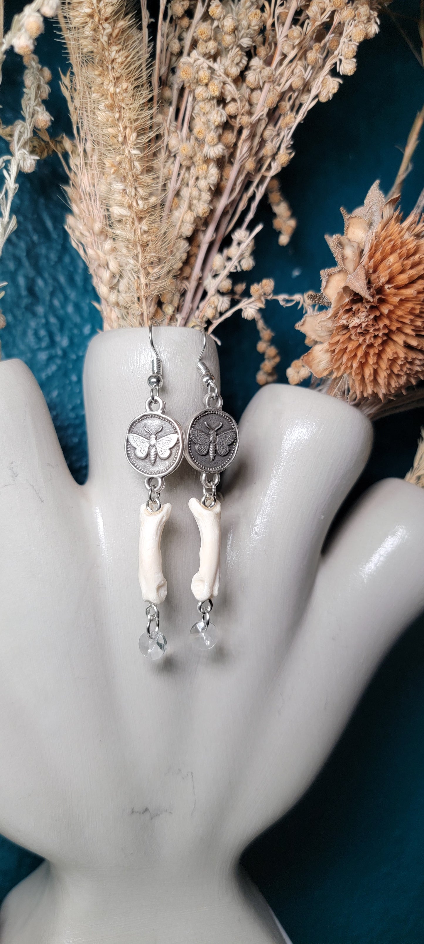 Earrings - Bobcat Toe Bone with Moth Charm