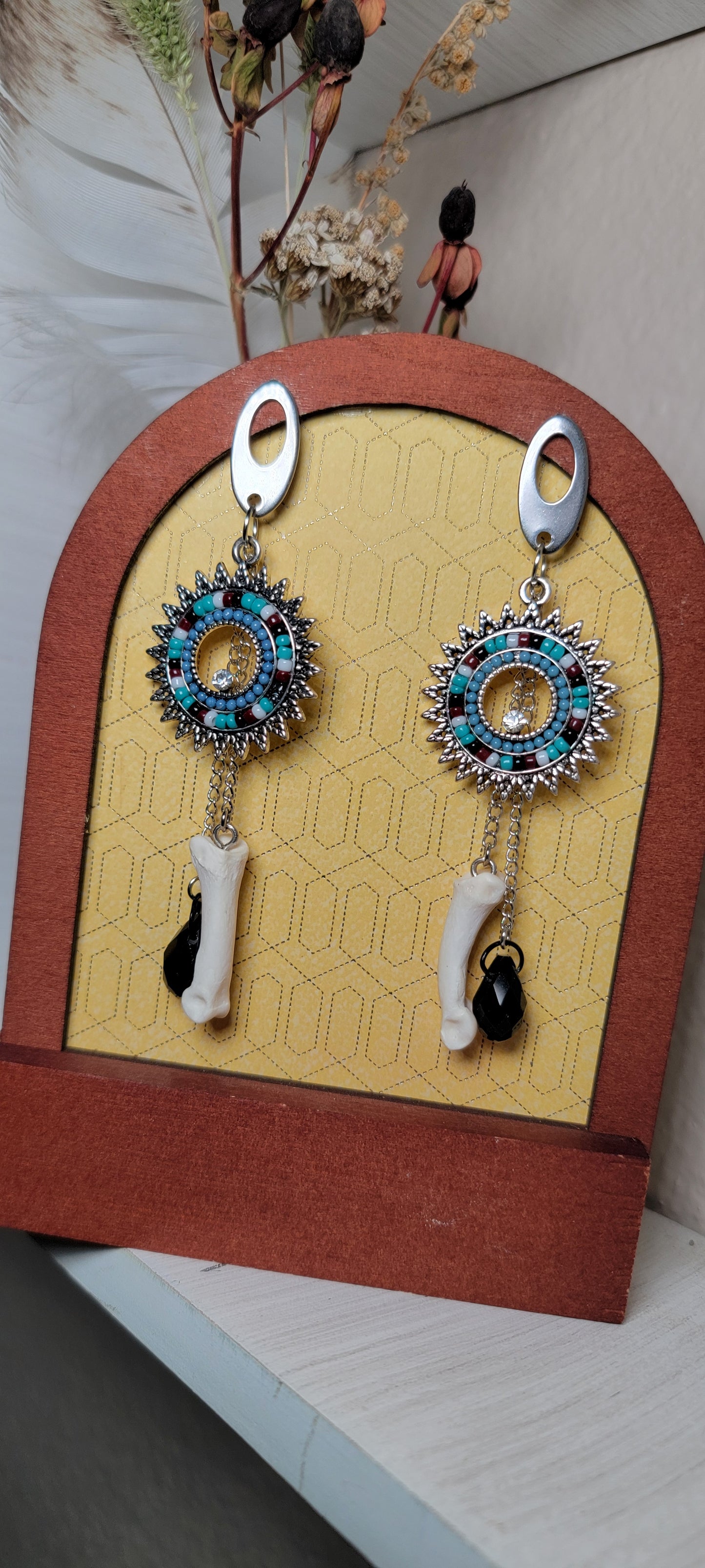Earrings - Post - Bobcat Toe Bone with Western Beaded Hoop