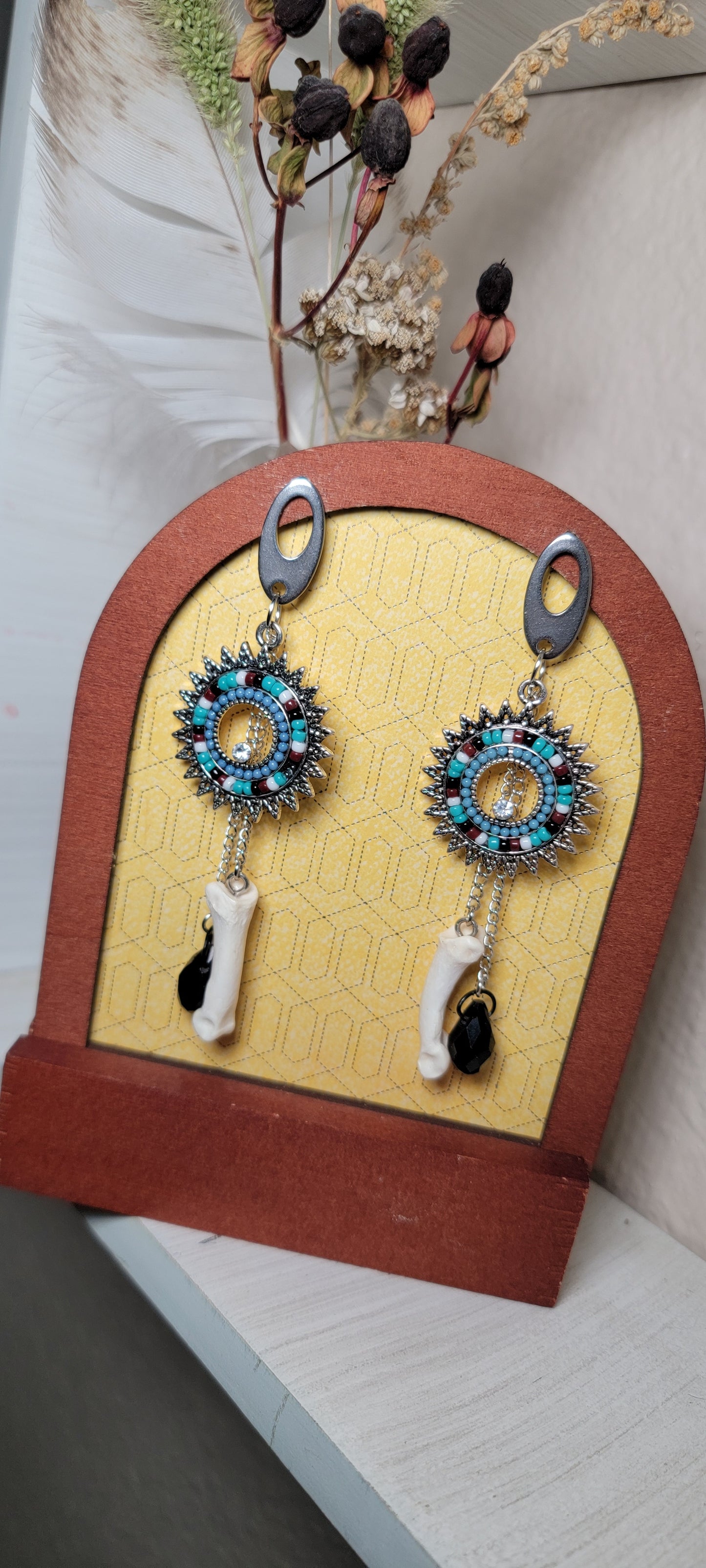 Earrings - Post - Bobcat Toe Bone with Western Beaded Hoop