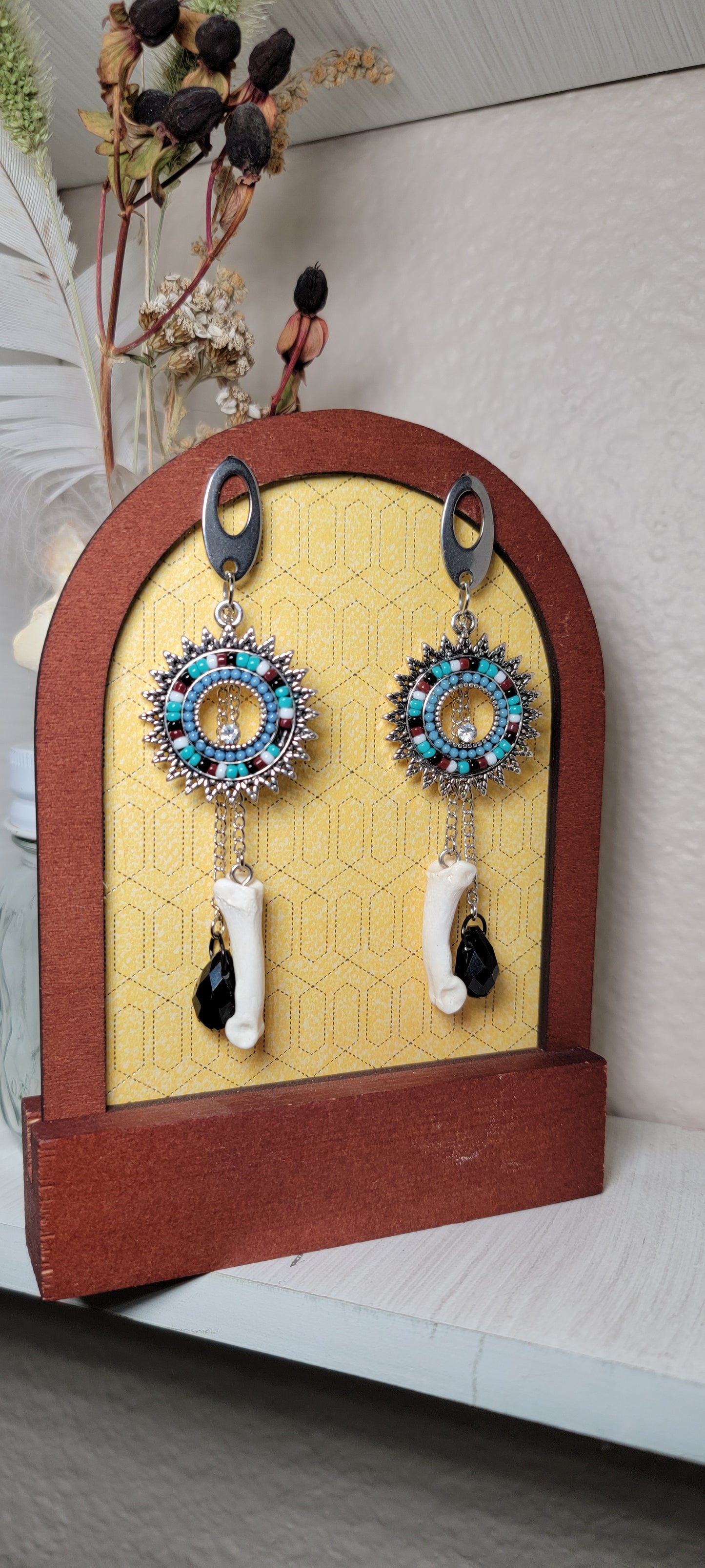 Earrings - Post - Bobcat Toe Bone with Western Beaded Hoop