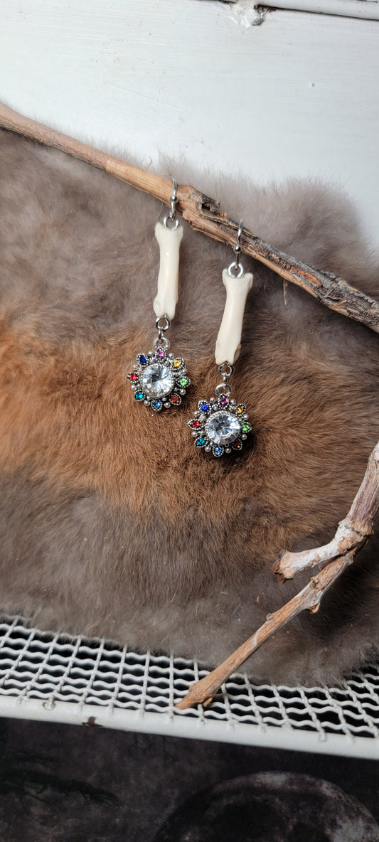 Earrings - Bobcat Toe Bone with Colored Gem Charm