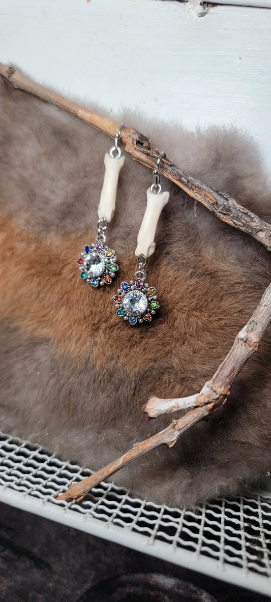 Earrings - Bobcat Toe Bone with Colored Gem Charm