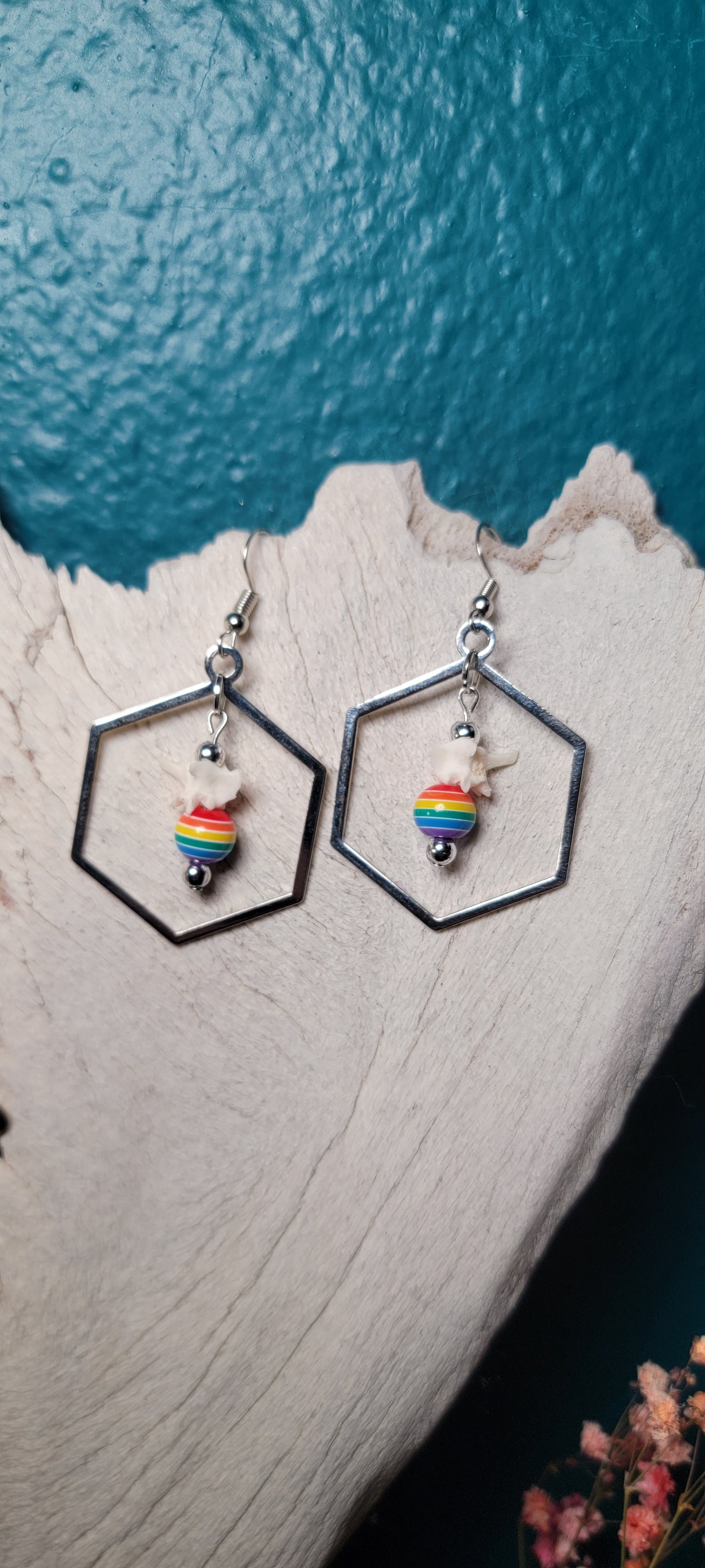 Earrings - Rattlesnake Vertebrae and Rainbow Bead in Silver Hexagon