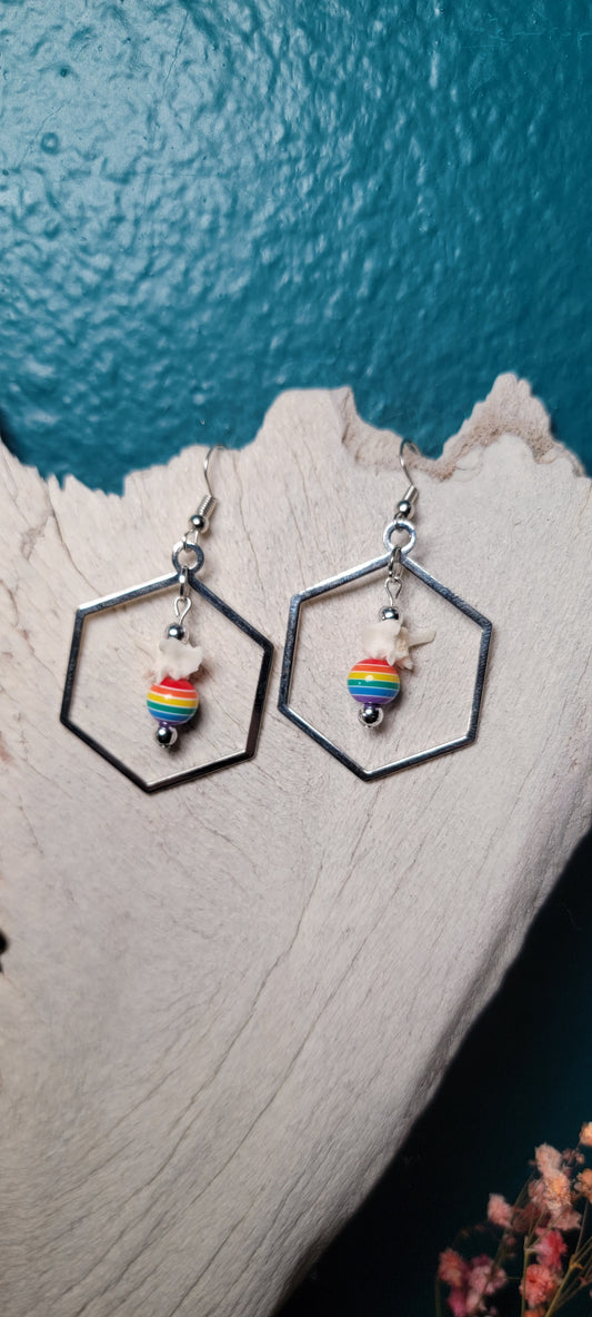 Earrings - Rattlesnake Vertebrae and Rainbow Bead in Silver Hexagon
