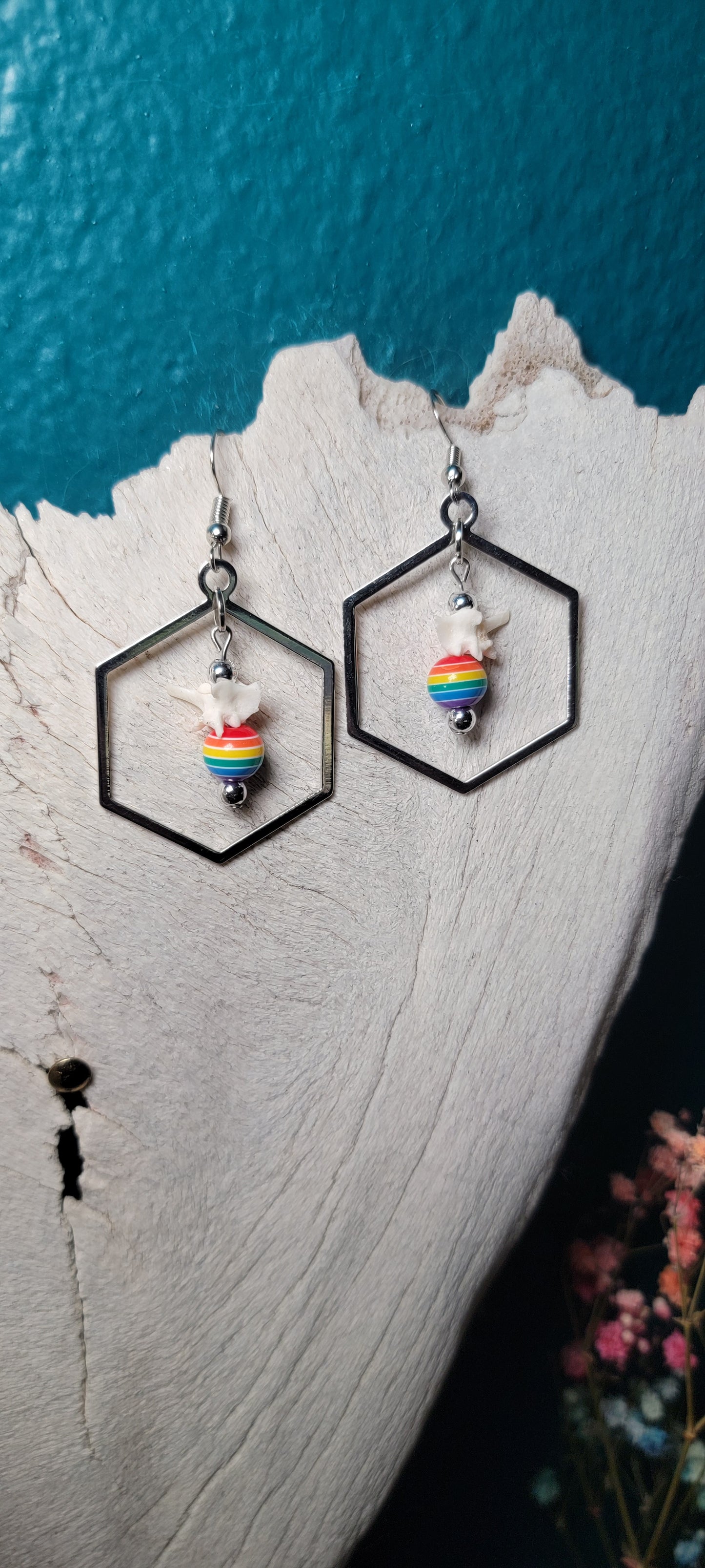 Earrings - Rattlesnake Vertebrae and Rainbow Bead in Silver Hexagon