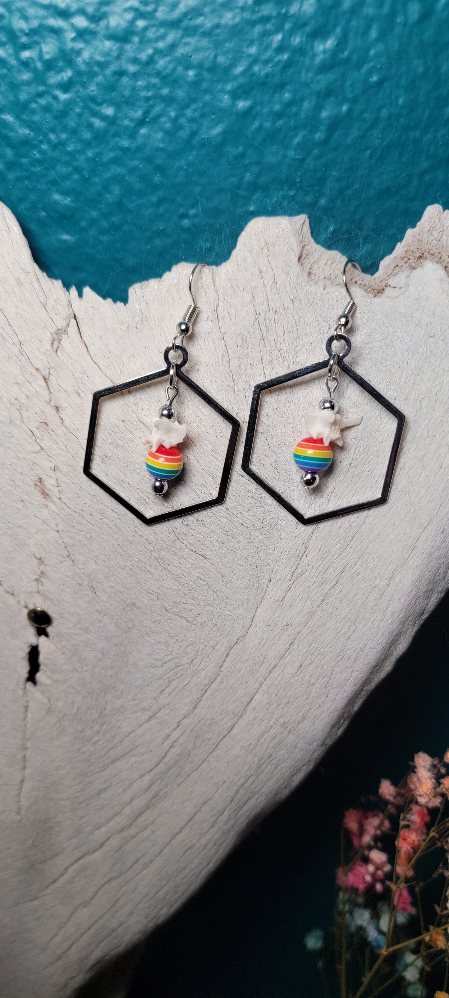 Earrings - Rattlesnake Vertebrae and Rainbow Bead in Silver Hexagon