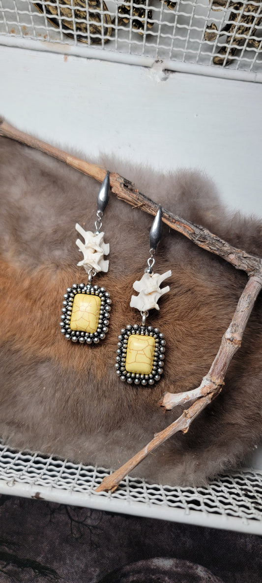 Earrings - Rattlesnake Vertebrae with Yellow Stone Charm