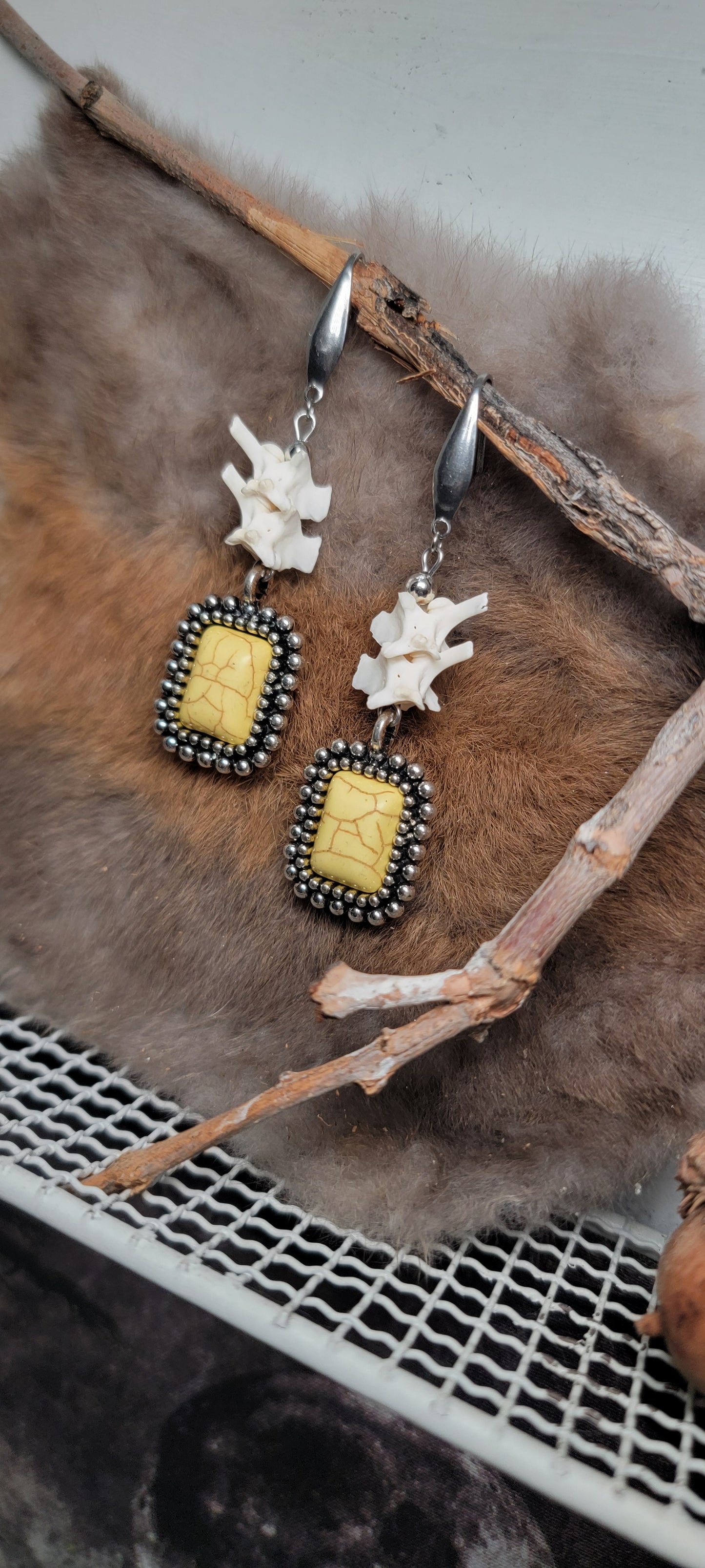 Earrings - Rattlesnake Vertebrae with Yellow Stone Charm