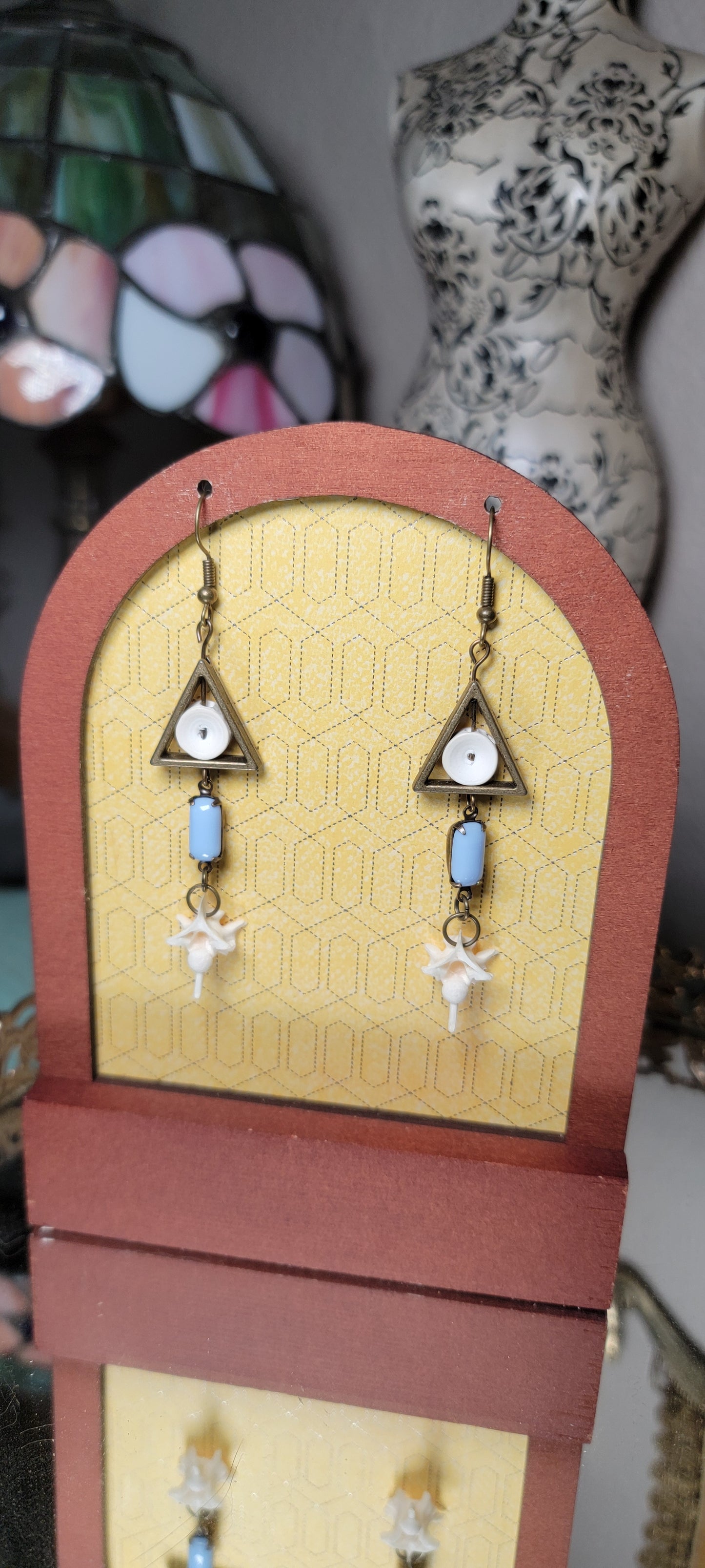 Earrings - Rattlesnake Vertebrae and Fish Bone with Triangle Charms