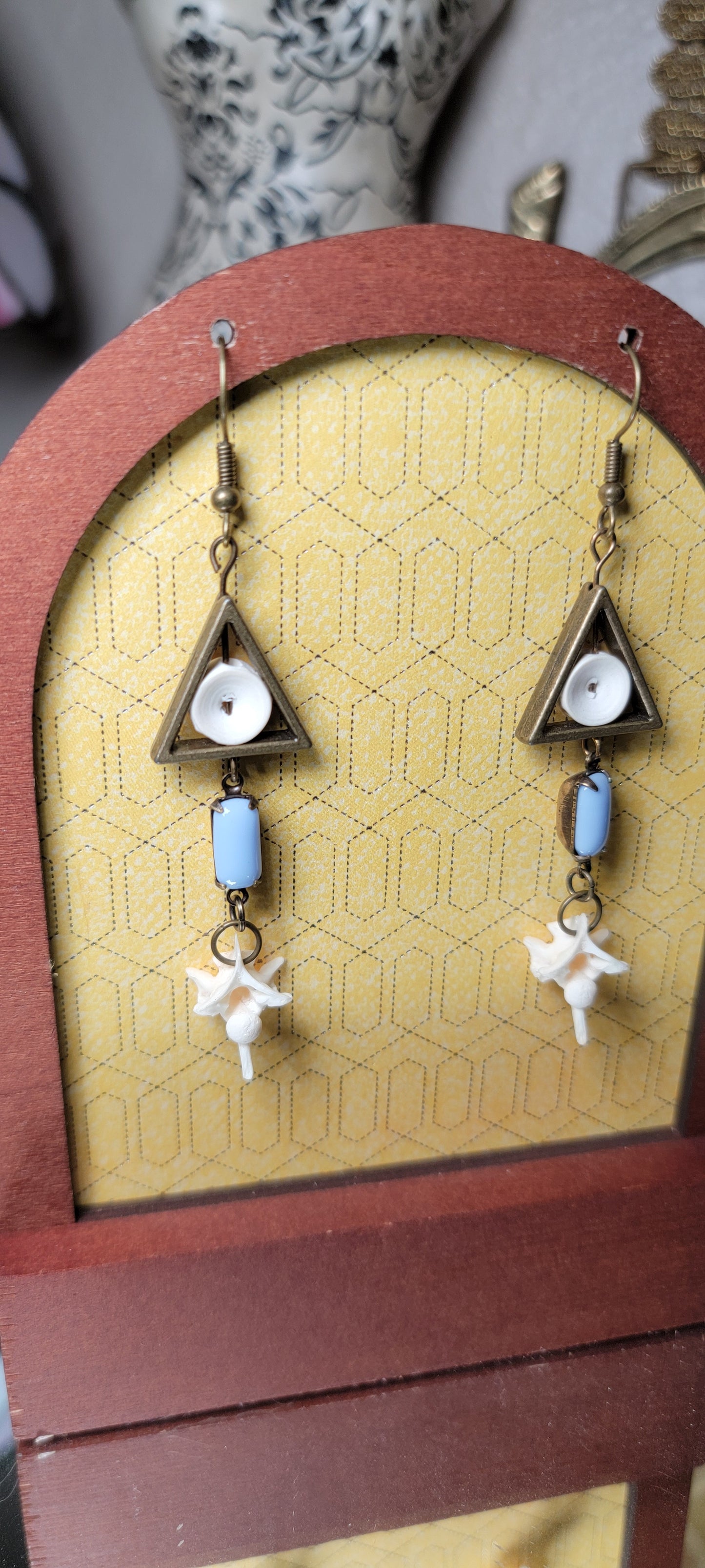 Earrings - Rattlesnake Vertebrae and Fish Bone with Triangle Charms