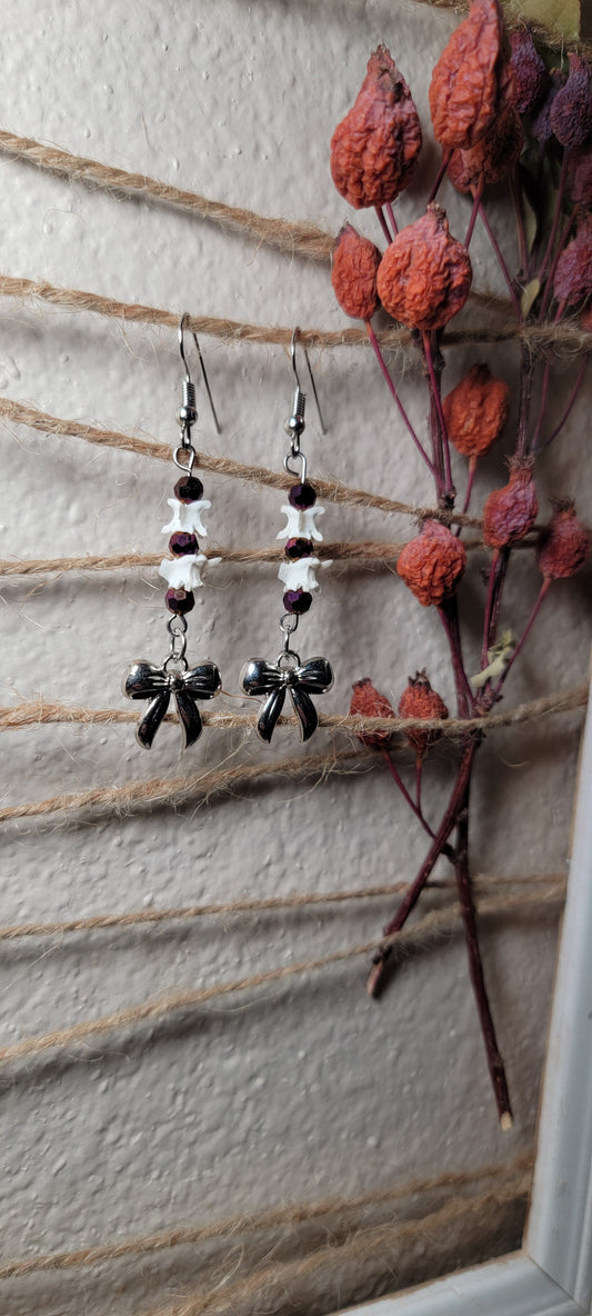 Earrings - Rattlesnake Vertebrae with Purple Beads and Bow Charm