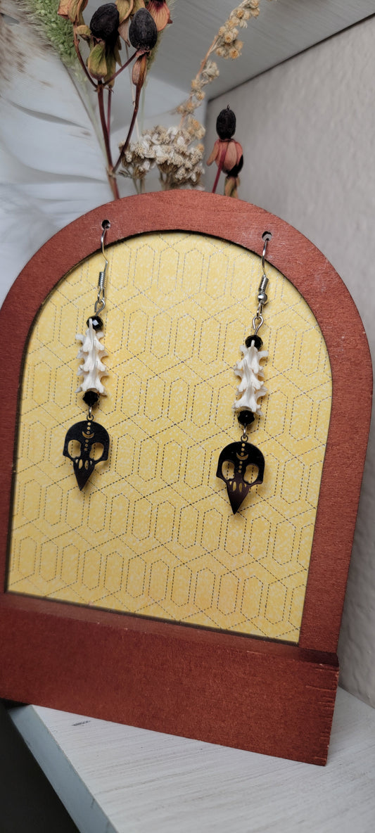Earrings - Rattlesnake Vertebrae and Bird Skull Charm