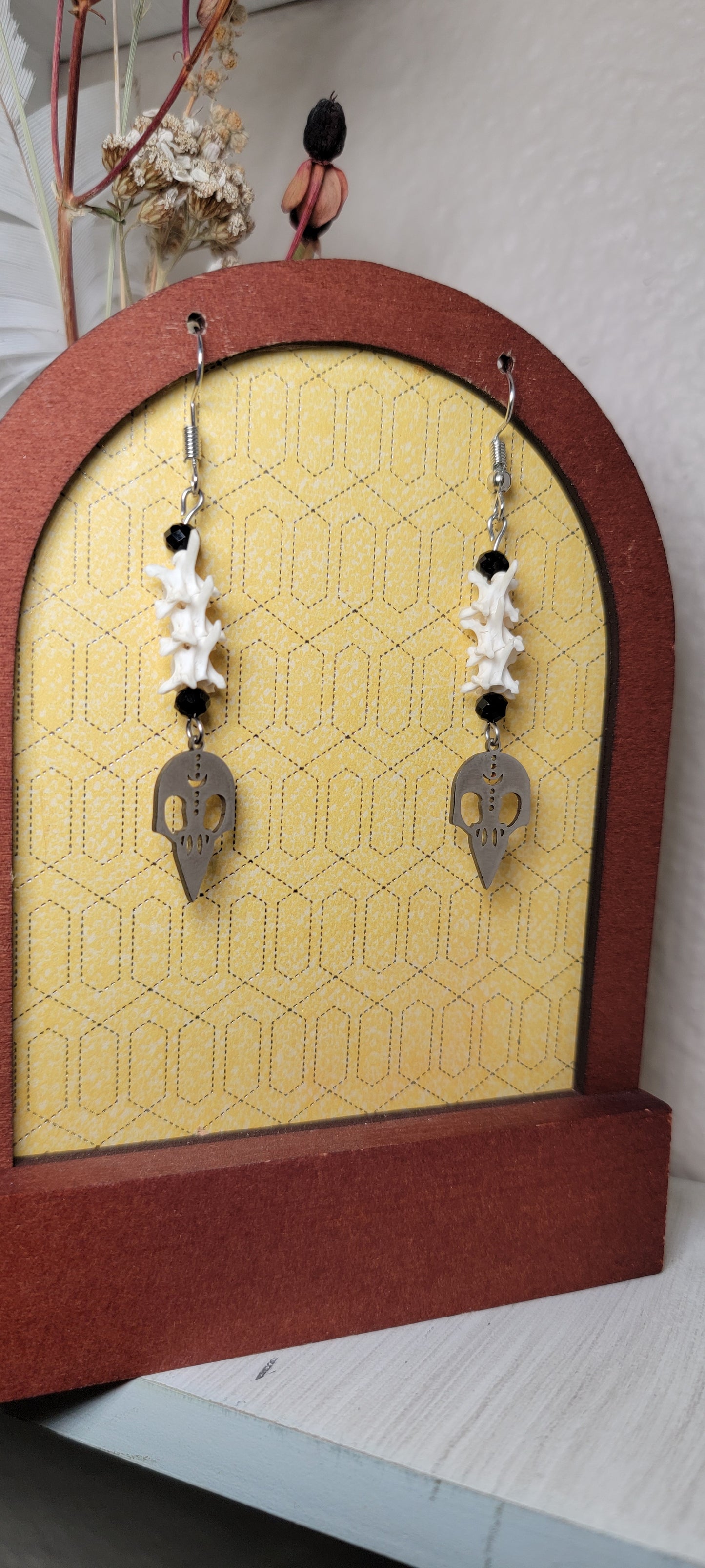 Earrings - Rattlesnake Vertebrae and Bird Skull Charm