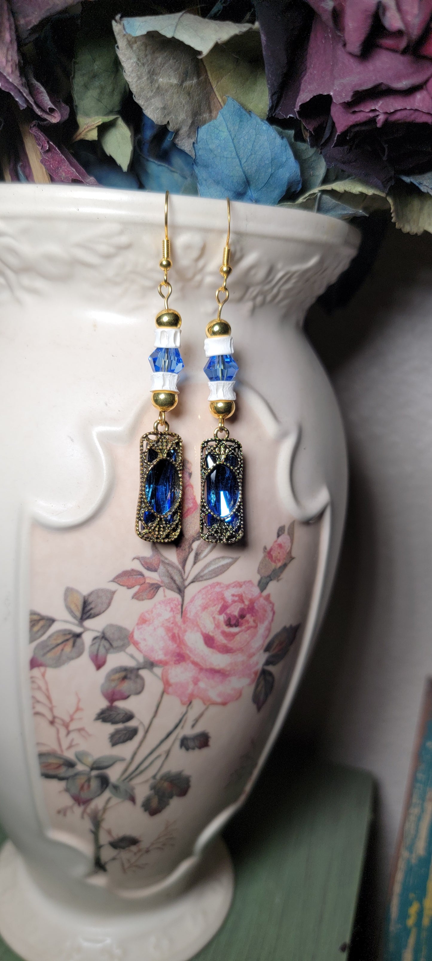 Earrings - Fish Bone with Blue Gem in Victorian Style Charm