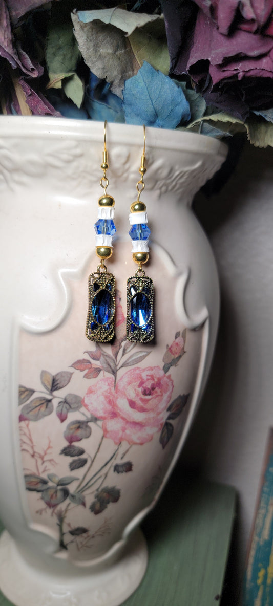 Earrings - Fish Bone with Blue Gem in Victorian Style Charm
