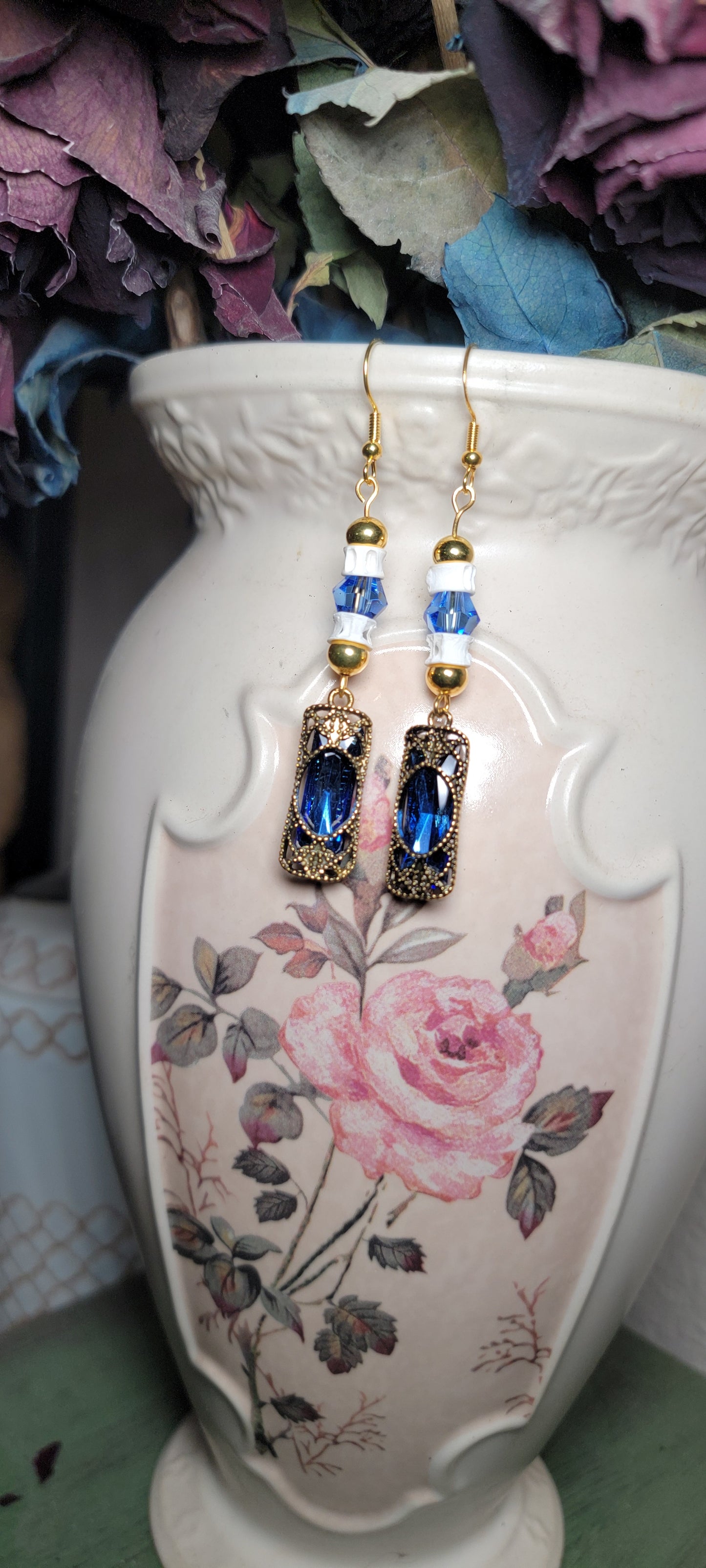Earrings - Fish Bone with Blue Gem in Victorian Style Charm