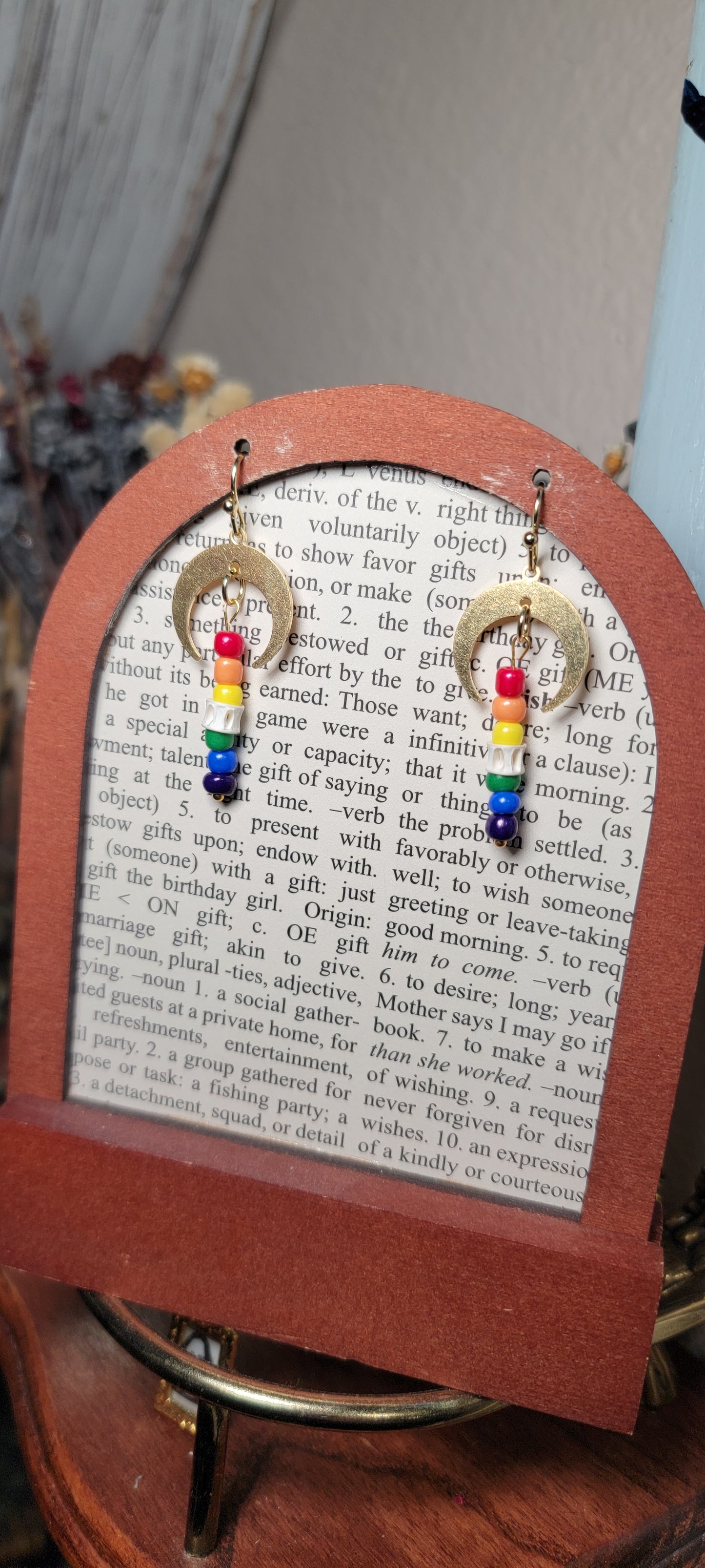 Earrings - Fish Bone with Crescent Moon and Rainbow