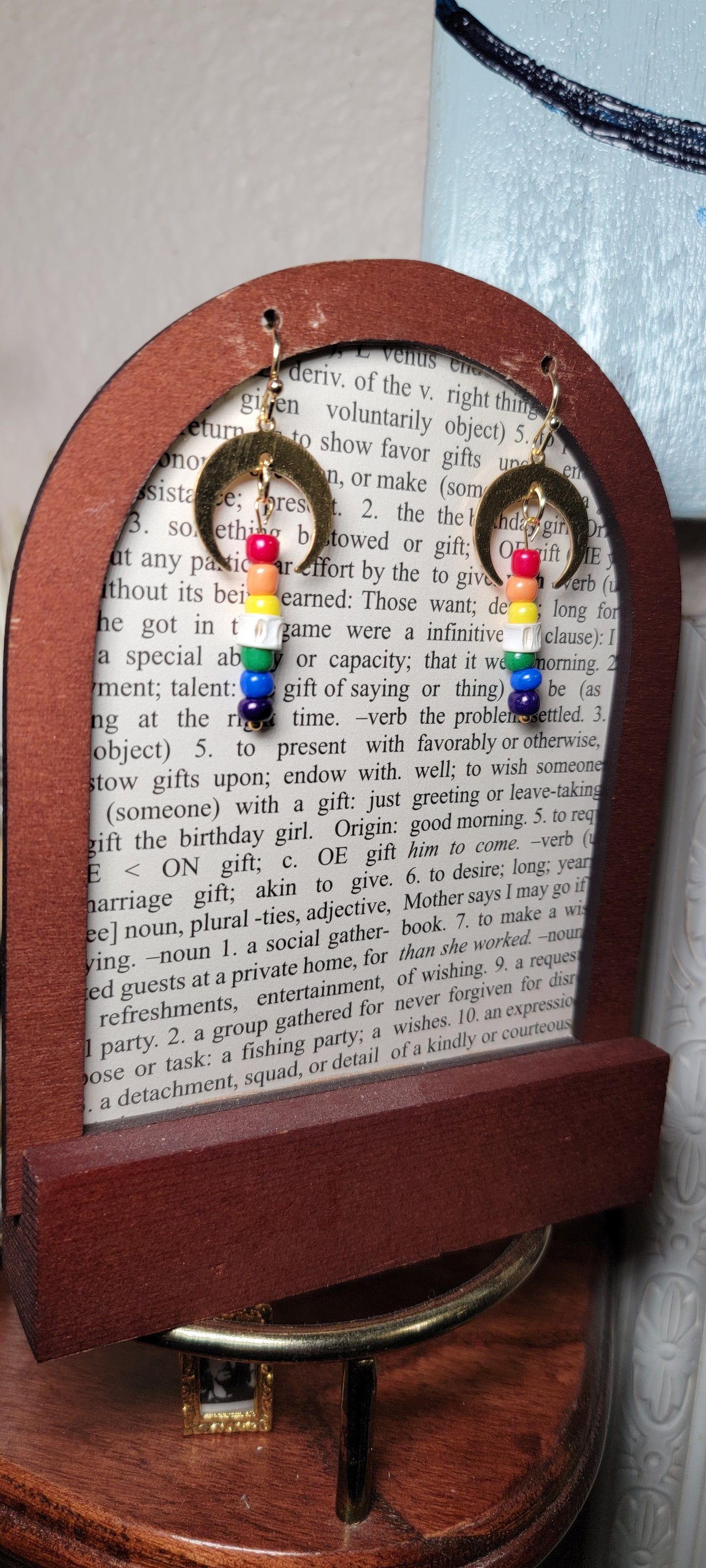 Earrings - Fish Bone with Crescent Moon and Rainbow