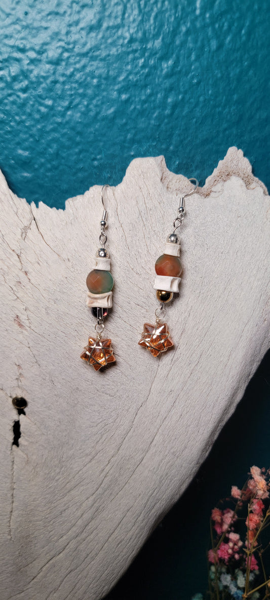 Earrings - Fish Bone with Peachy Green Bead and Star Charm