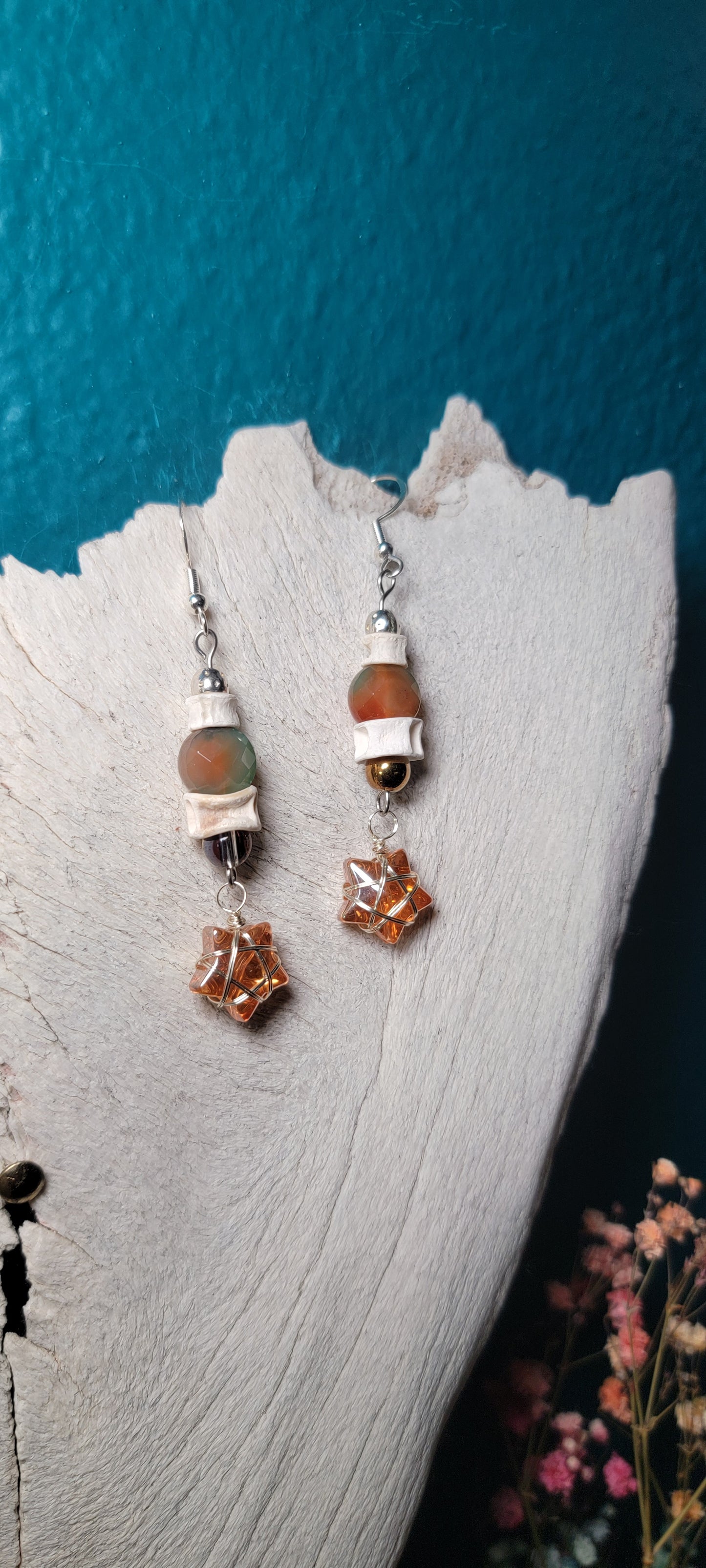 Earrings - Fish Bone with Peachy Green Bead and Star Charm