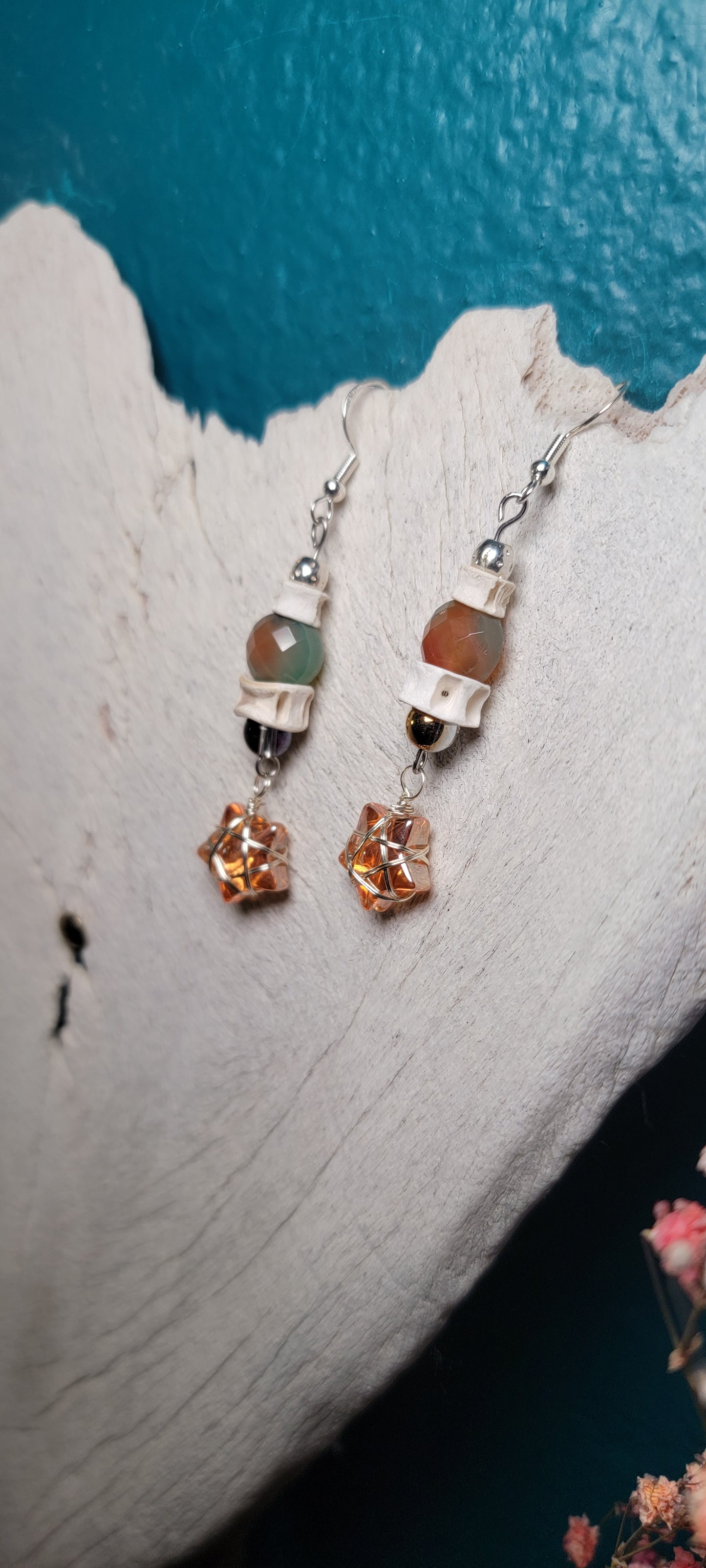 Earrings - Fish Bone with Peachy Green Bead and Star Charm