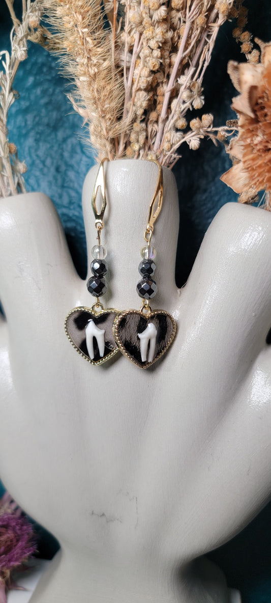 Earrings - Raccoon Tooth in Gray Animal Print Heart