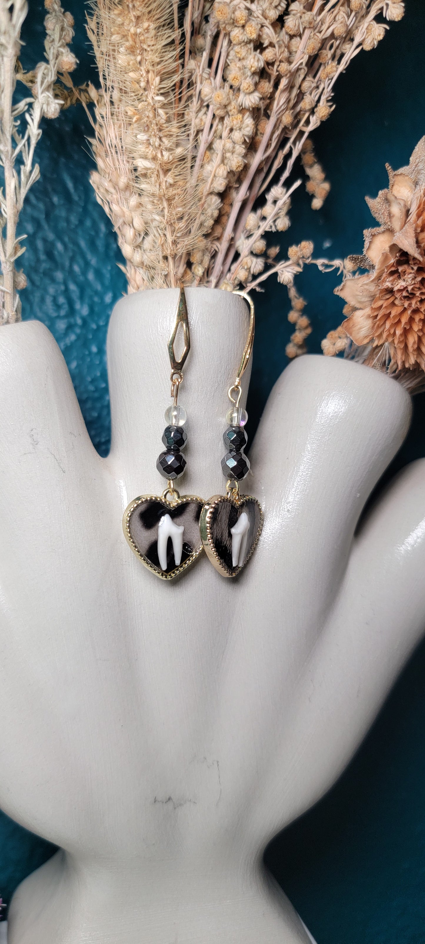 Earrings - Raccoon Tooth in Gray Animal Print Heart