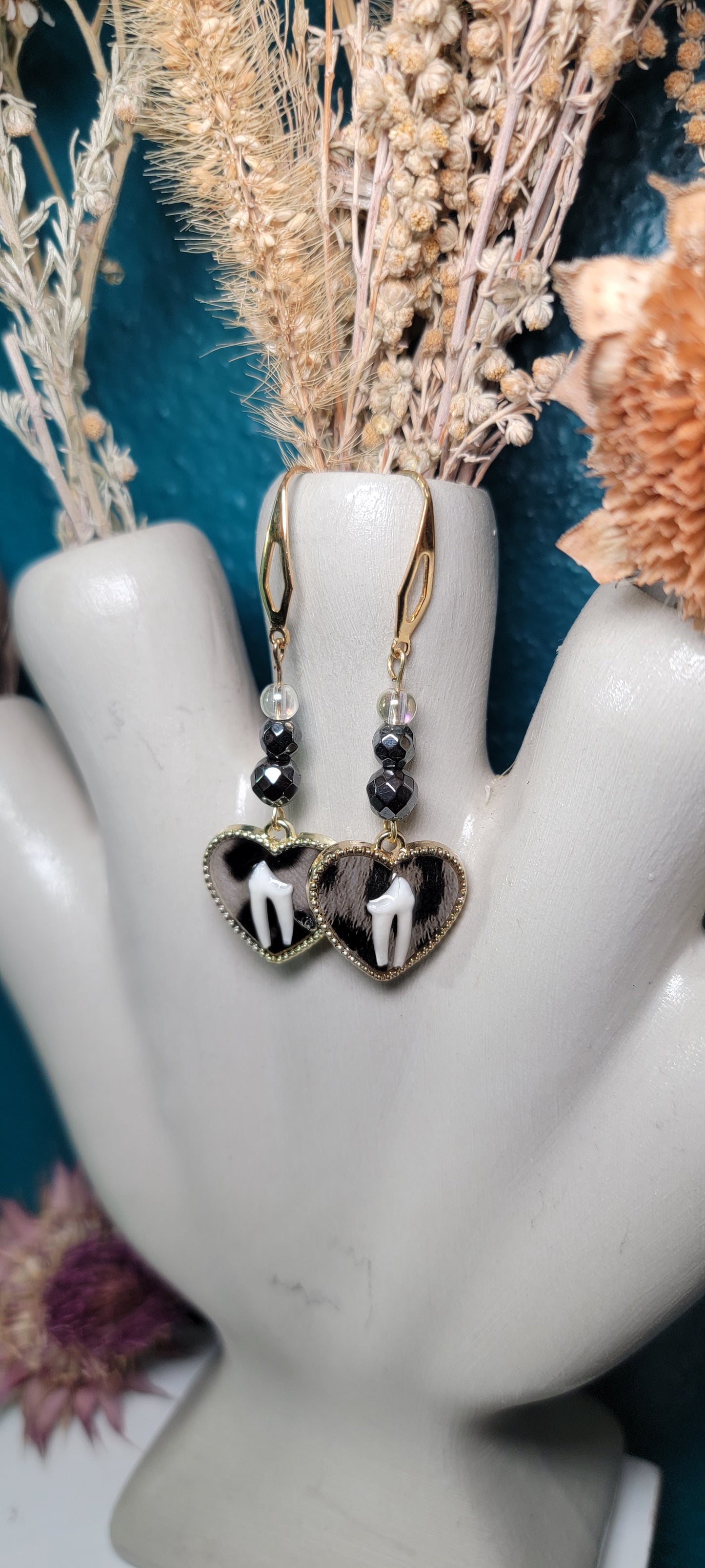Earrings - Raccoon Tooth in Gray Animal Print Heart