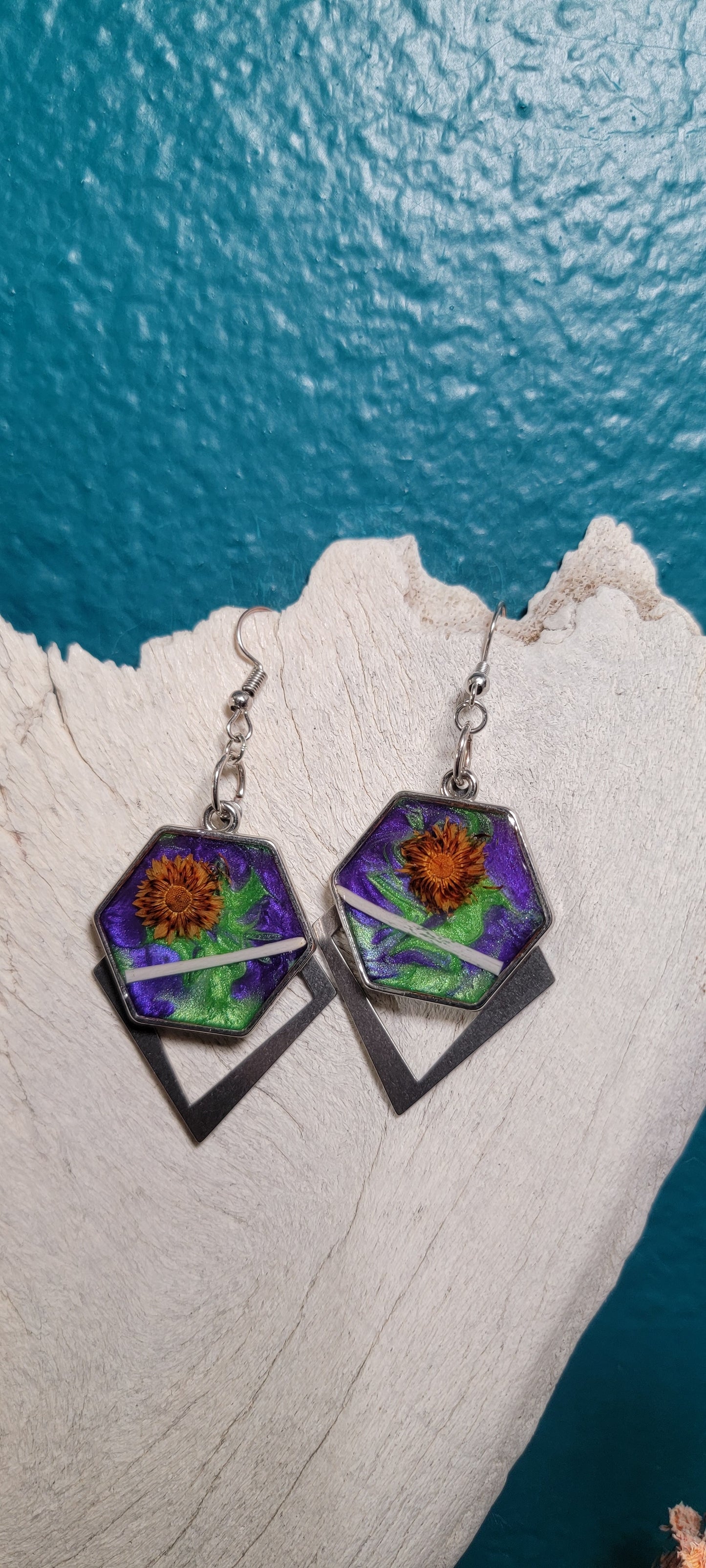 Earrings - Pheasant Bone with Green and Purple Background and Orange Floral