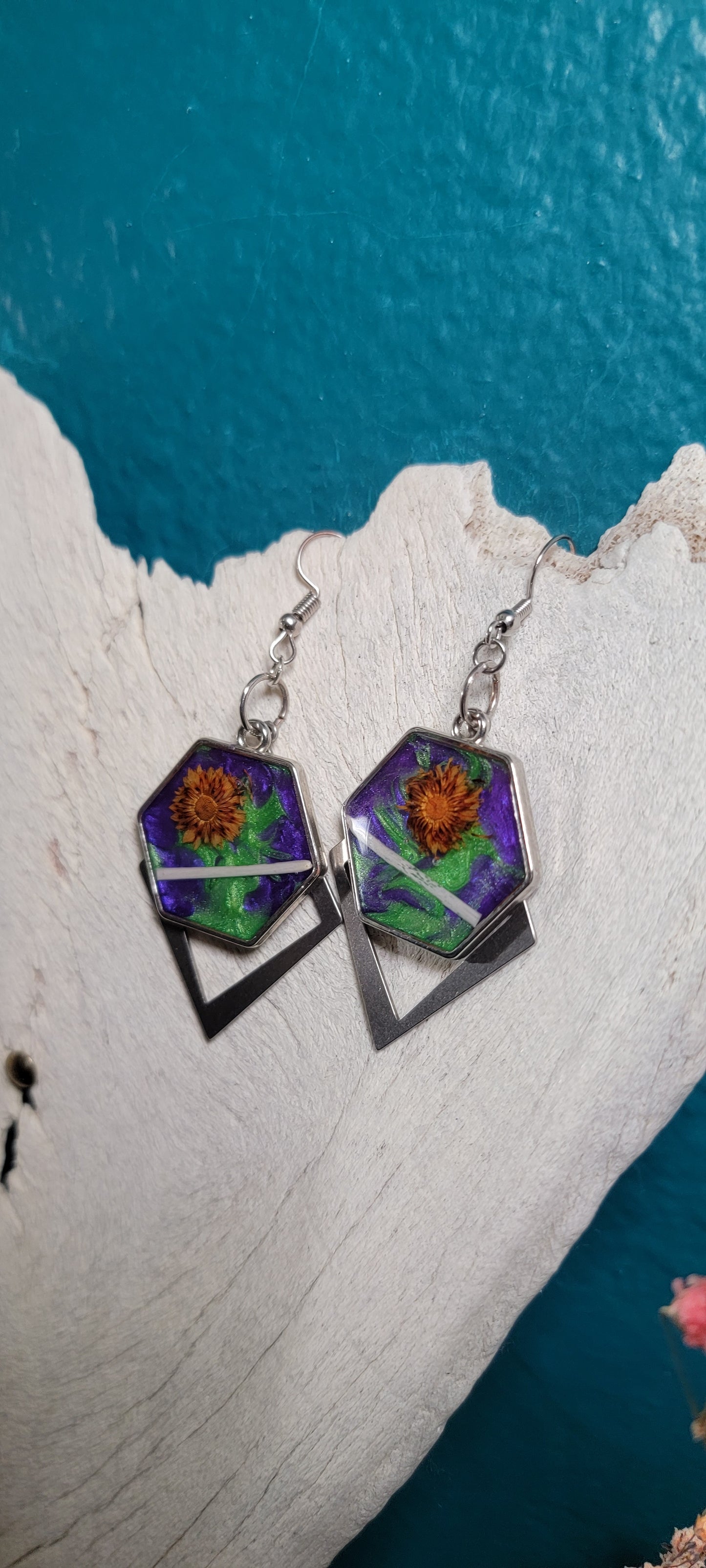 Earrings - Pheasant Bone with Green and Purple Background and Orange Floral