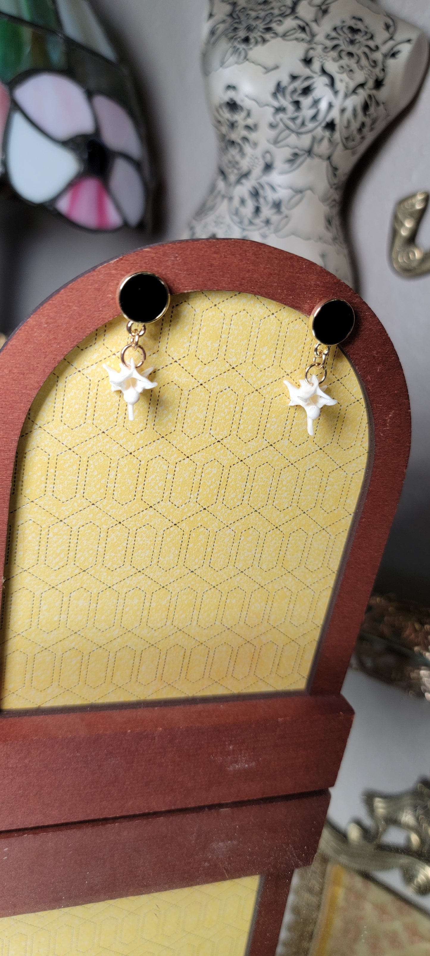 Earrings - Post - Rattlesnake Vertebrae with Gold and Black Circles