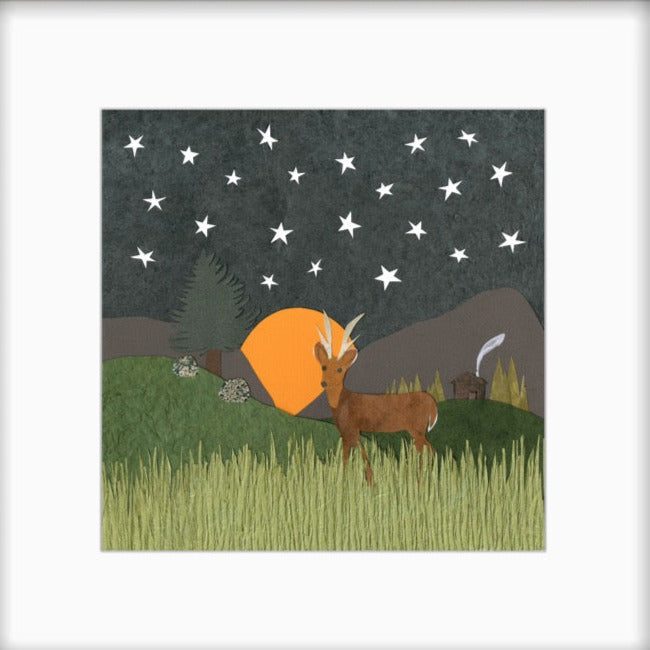 " Deer and Cabin " Paper Collage Art