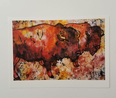 "Don't Mess With The Big Boys" Bison  Card Artist: Crystal Lawrence  Photo of an original batik fiber art painting of two bison on a wall  Original art and photography for card by Crystal Lawrence  Blank inside   Envelope included  4" wide x 6" tall x 1/16 deep    Please note photograph was taken by the artist