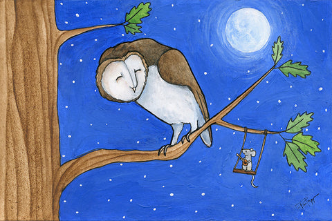 " February Cheer Mail " Small Print Artist:  Tara Pappas  Print from Original artwork  Ready to frame  Owl on a branch and mouse on a swing playing mandolin   4" wide x 6" long x 1/16" deep  One a protective foam backing  Inside a protective plastic sleeve  Certificate of Authenticity included  Please note the artwork is a print from an original of the artist, but slight variations can 