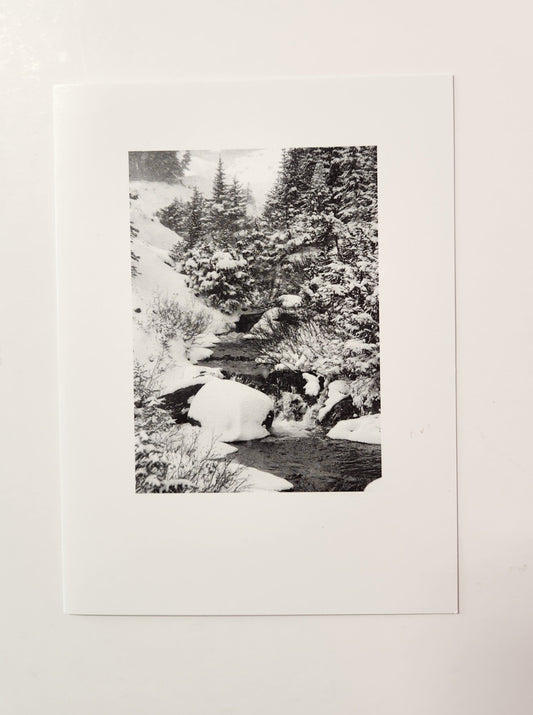 First Snowfall Photo Blank Card Artist: Crystal Lawrence  Original  photograph of black and white of a stream in the snow and dead of winter  Blank inside   Envelope included  4 pack Cards  4" wide x 6" tall x 1/16 deep  