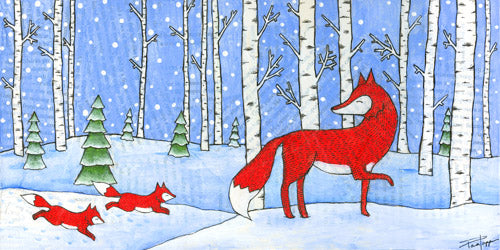 High quality print of red fox mom and kits in a winter aspen forest 