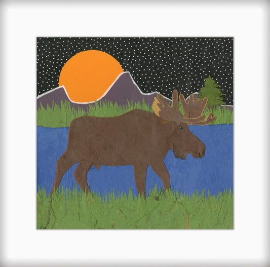 " Full Bull Moon Moose " Paper Collage Art