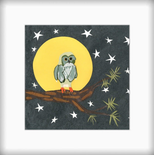 " Full Moon Owl " Paper Collage Art