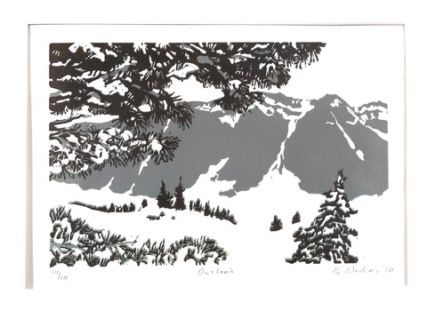 simplified block print of the Snowy Range Mountains viewed through pine boughs