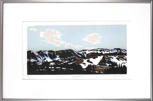 panoramic block print of the Snowy Range Mountains with snow