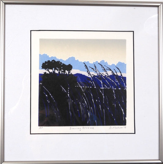 relief print of waving grasses. Blue colors help depict the evening time