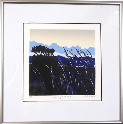relief print of waving grasses. Blue colors help depict the evening time