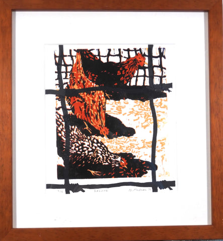 block print of 3 chickens behind their secure enclosure