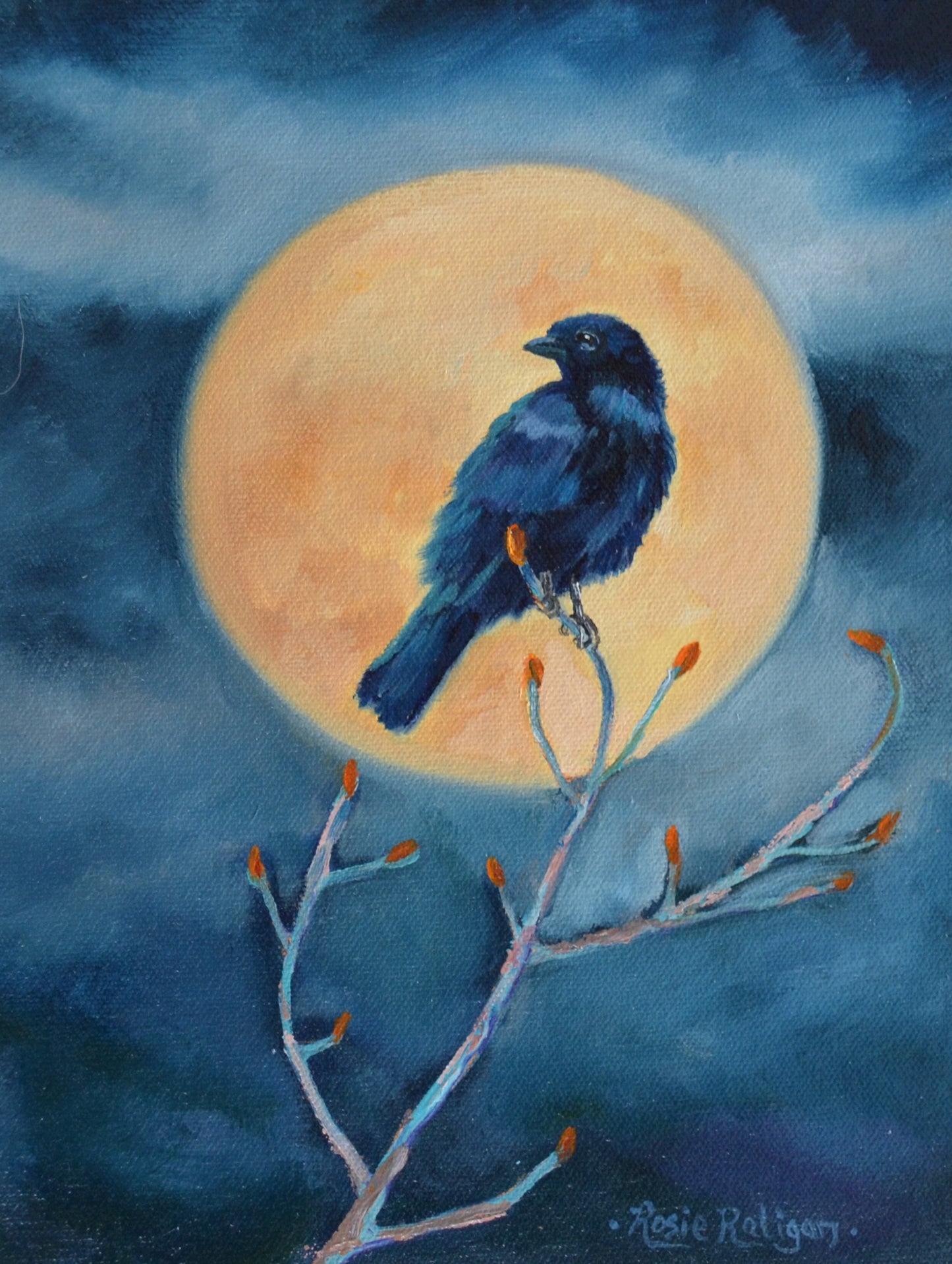 Original Oil Painting Framed- "Go to Sleep" Raven