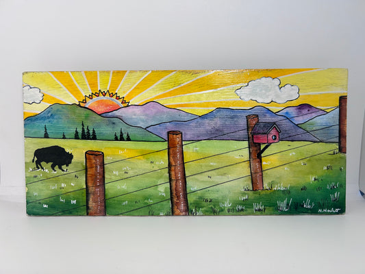 " Red Bird House " Mixed Media Wood Panel Board Wall Art