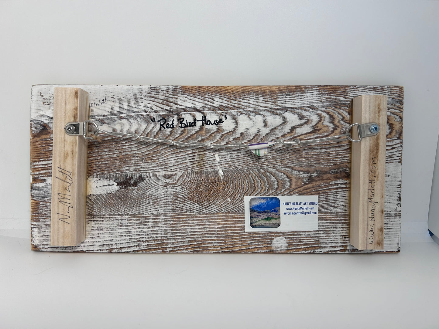 " Red Bird House " Mixed Media Wood Panel Board Wall Art
